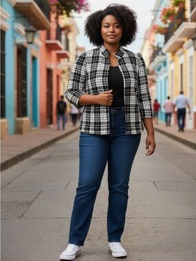 KASPER Women's Tweed Plaid 3/4 Sleeve Zip Up Blazer Jacket 18 Black & White VGC!